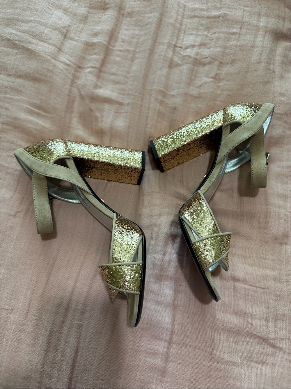 Prada Gold Glitter Suede Ankle-Strap Block Heels